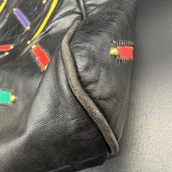 Vintage 1980s Judi Simon USA Black Leather Purse Rainbow Accents Shoulder Strap - Picture 10 of 12